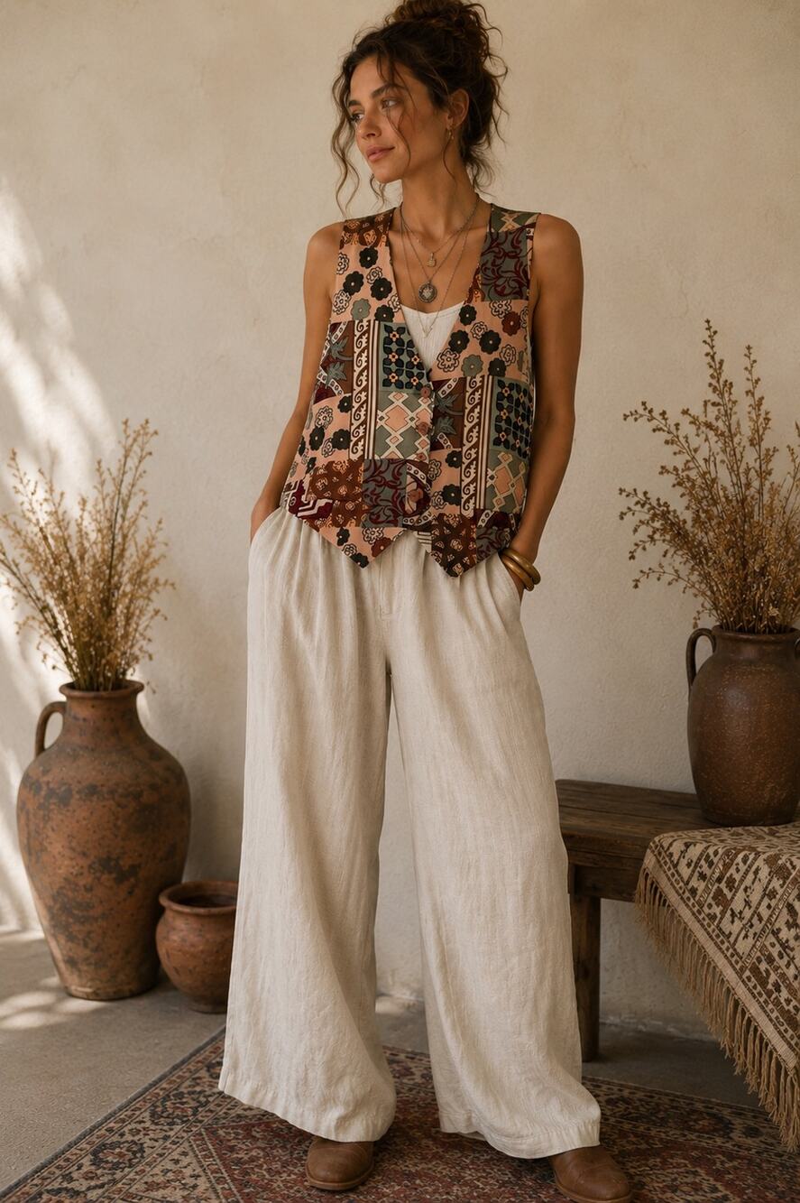 Regina Porter Silk Patchwork Vest M Pockets Oversized Artsy Funky Loud Patterns